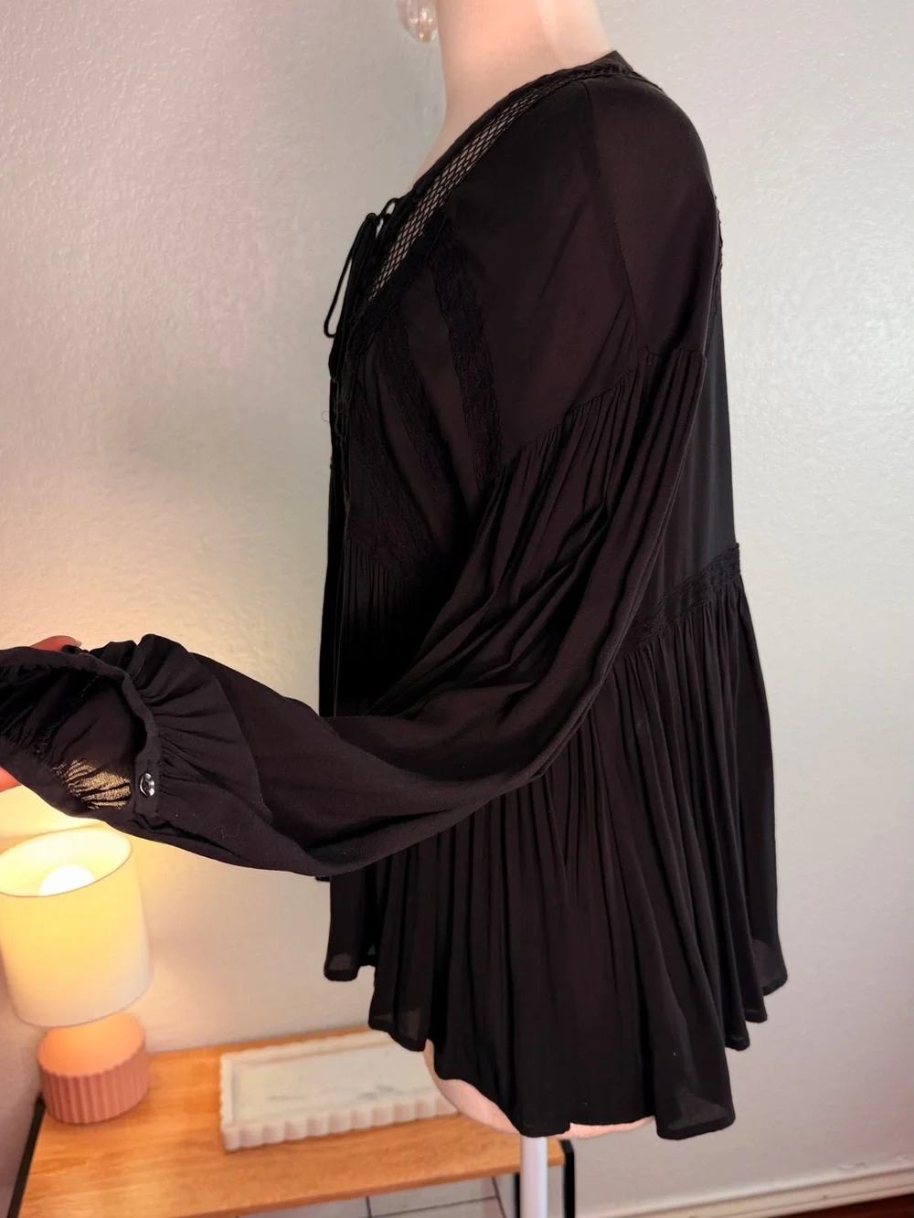 Free People Black Lace-Up Mesh Inset Peasant Blouse
